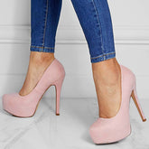 Suede Round Toe Platform Stilettos Slip on High Heel Pumps Oshnow